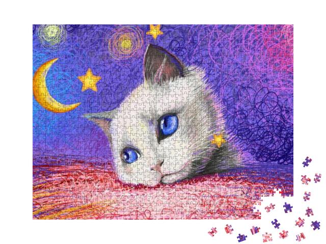 Puzzle 1000 Teile „Illustration: Weiße Katze, umgeben von Sternen“