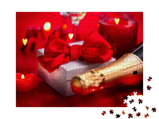 Puzzle 1000 Teile „Romantik zum Valentinstag: Sekt und Kerzen zum Geschenk“