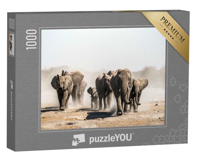 Puzzle 1000 Teile „Eine Elefantenherde am Wasserloch, Etosha-Nationalpark, Namibia, Afrika“