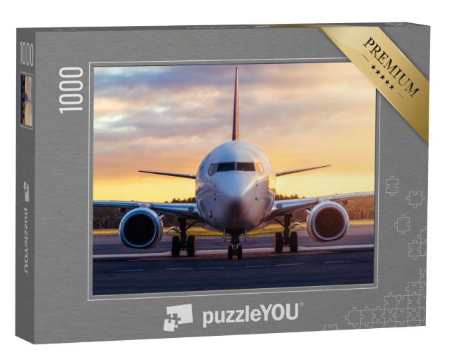 Puzzle 1000 Teile „Flugzeug, bereit zum Start in den Sonnenuntergang“