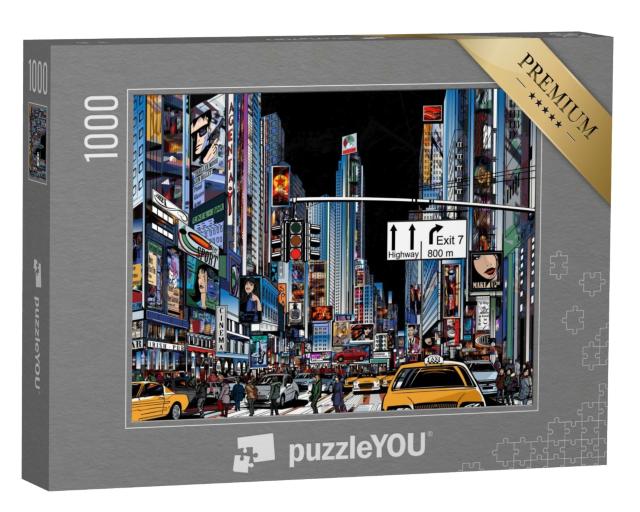 Puzzle 1000 Teile „Vektor-Illustration einer Straße in New York City bei Nacht“