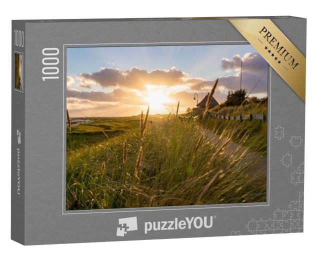 Puzzle 1000 Teile „Sonnenuntergang, der durch das Schilf in Amrum Deutschland scheint“