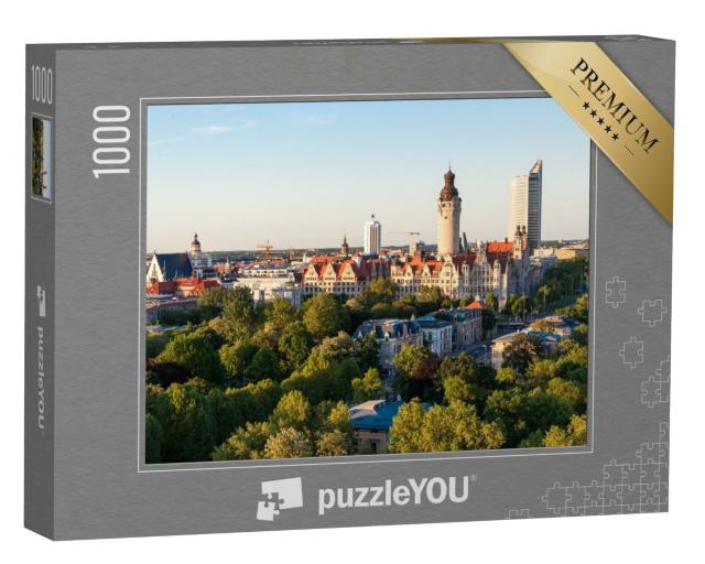 Puzzle 1000 Teile „Skyline von Leipzig mit Rathaus bei Sonnenuntergang, Deutschland“