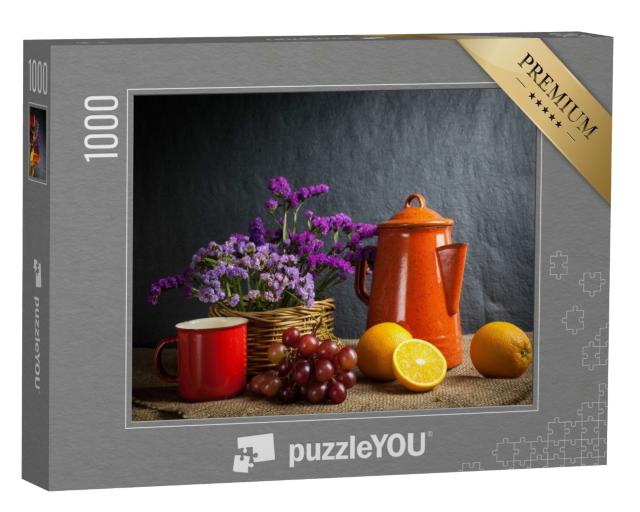 Puzzle 1000 Teile „Stillleben mit frischem Obst und Blumen im Holzkorb “