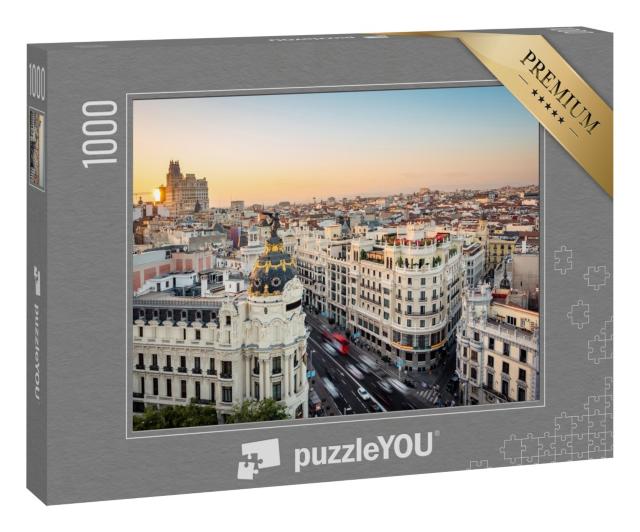 Puzzle 1000 Teile „Sonnenuntergang über der Gran Via, Madrid, Spanien“