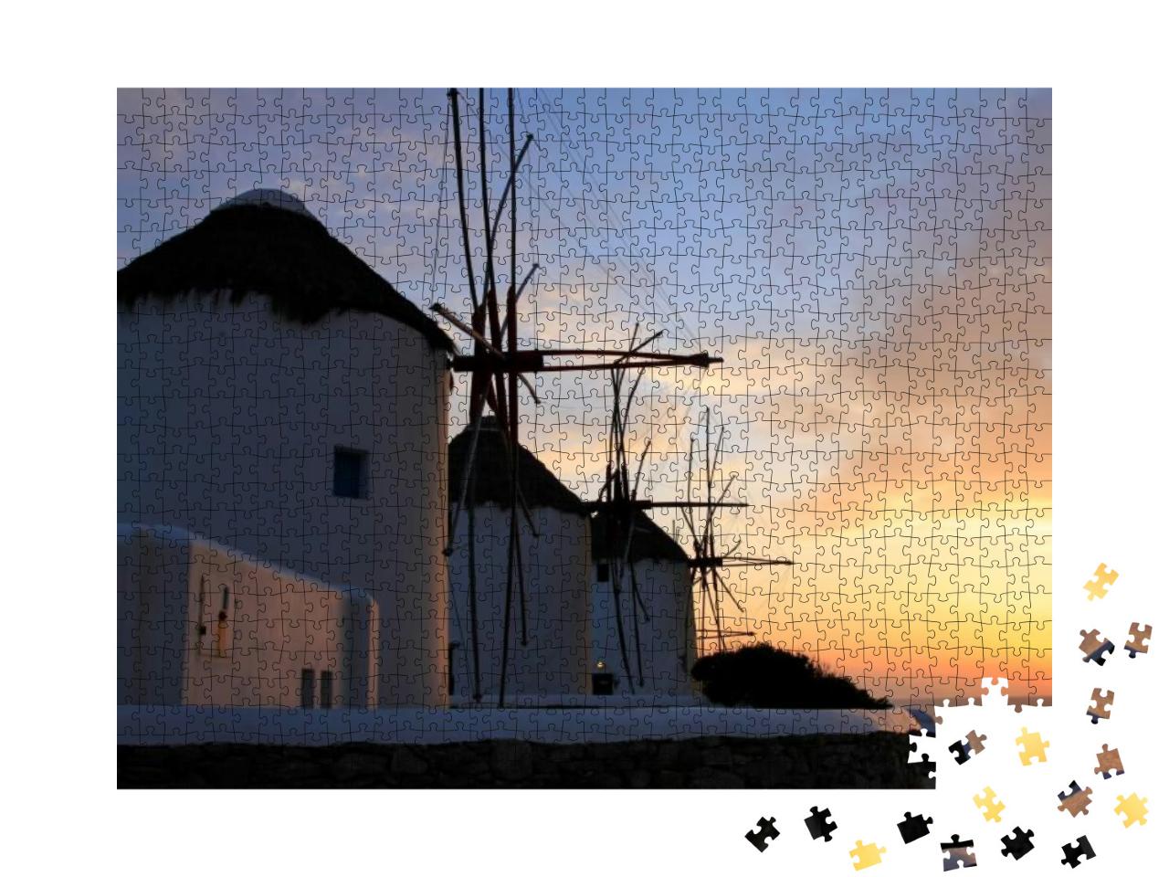 Puzzle 1000 Teile „Windmühlen bei Sonnenuntergang in Mykonos, Griechenland“