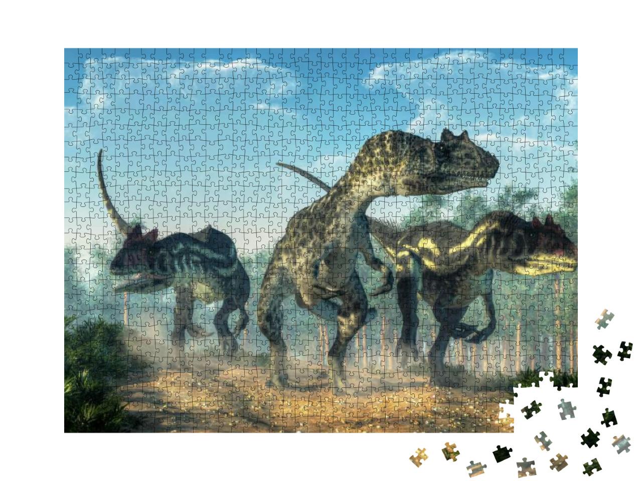 Puzzle 1000 Teile „Drei Allosaurier wirbeln Staub auf “