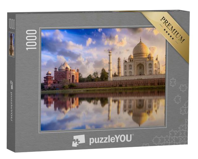 Puzzle 1000 Teile „Taj Mahal: malerischer Sonnenuntergang mit prächtigem Himmel, Agra, Indien“