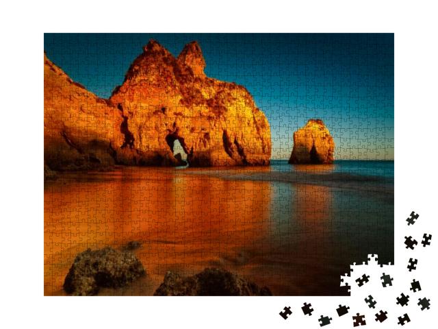 Puzzle 1000 Teile „Goldener Sonnenuntergang am Alvor Strand an der Algarve“
