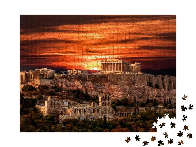 Puzzle 1000 Teile „Parthenon-Tempel auf der Akropolis von Athen unter dramatischen Sonnenuntergang, Griechenland“