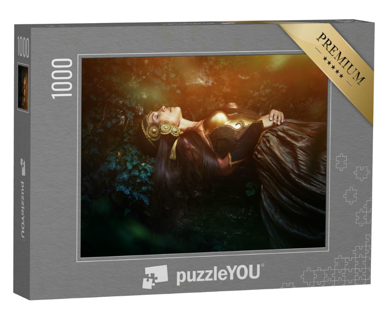 Puzzle 1000 Teile „Frau in geheimnisvollem Schlaf im Wald“