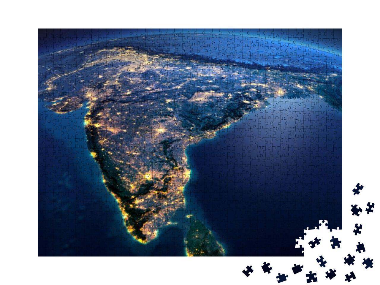 Puzzle 1000 Teile „Erde bei Nacht: Blick aus dem All auf Indien und Sri Lanka“