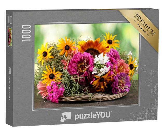 Puzzle 1000 Teile „Bouquet von hellen Blumen auf Holztisch“