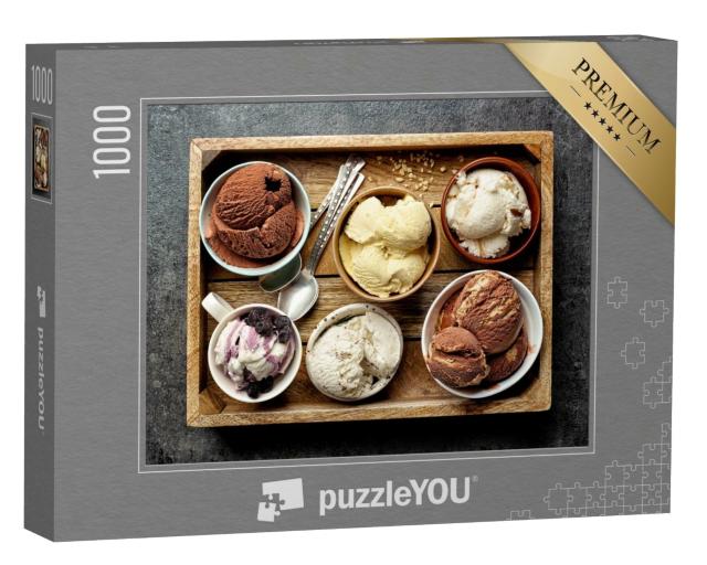 Puzzle 1000 Teile „Verschiedenen Eissorten, servierfertig auf einem Tablett“