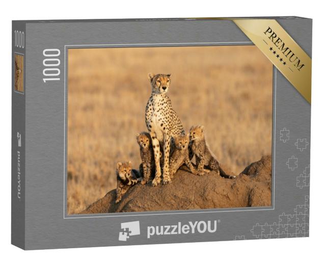 Puzzle 1000 Teile „Gepardenweibchen mit vier Jungtieren“