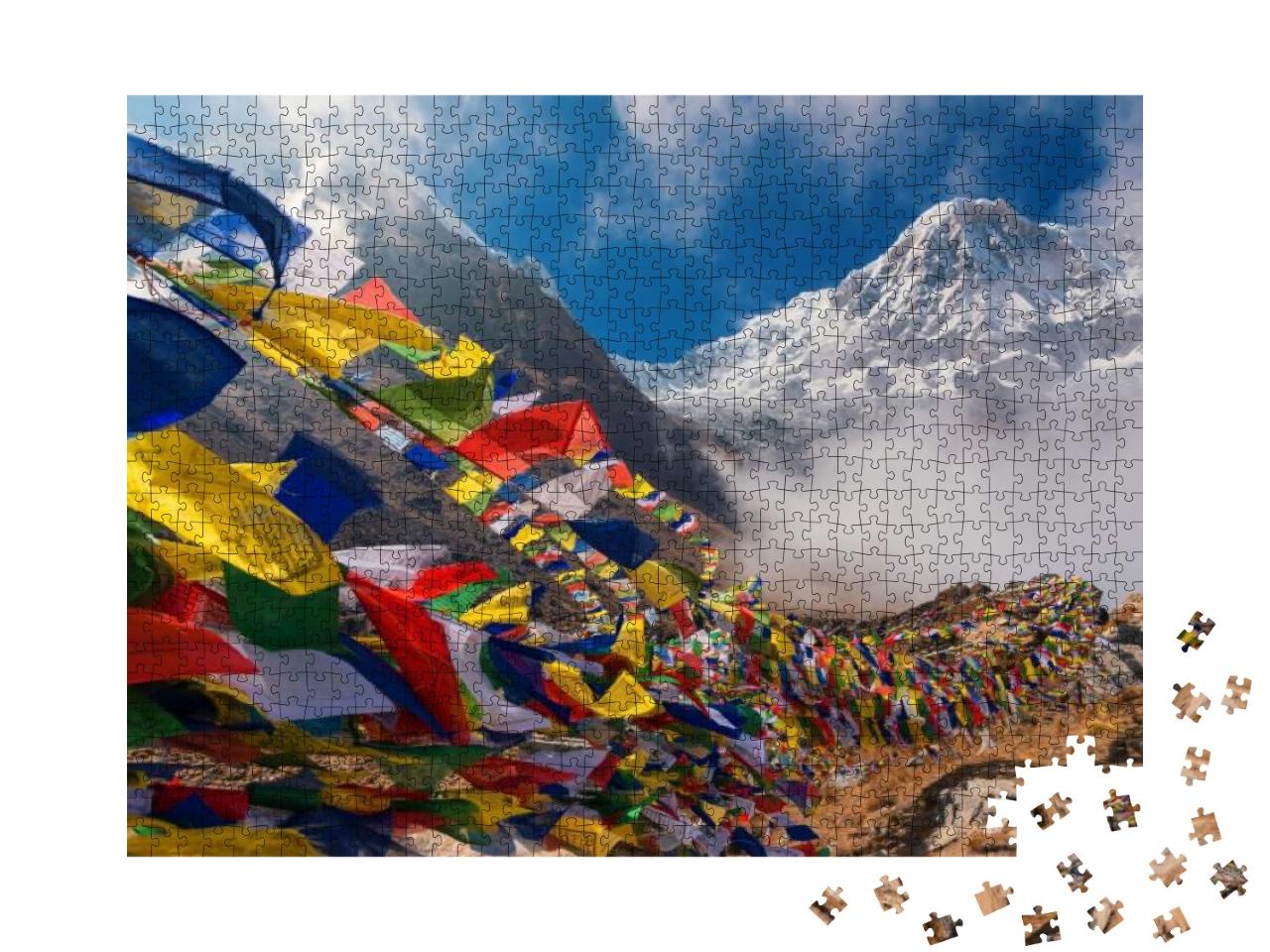 Puzzle 1000 Teile „Gebetsfahnen vor dem Mount Annapurna I, Nepal“