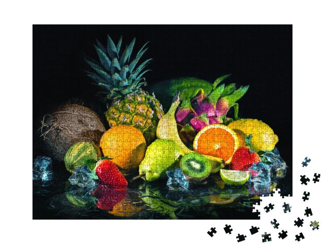 Puzzle 1000 Teile „Früchte auf schwarzem Hintergrund mit Wasserspritzern“