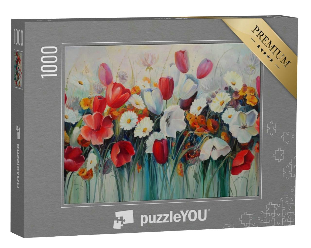 Puzzle 1000 Teile „Ölgemälde: rote und weiße Tulpen“