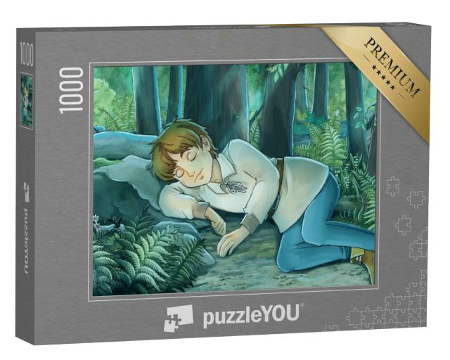 Puzzle 1000 Teile „Junge schläft friedlich im Wald“