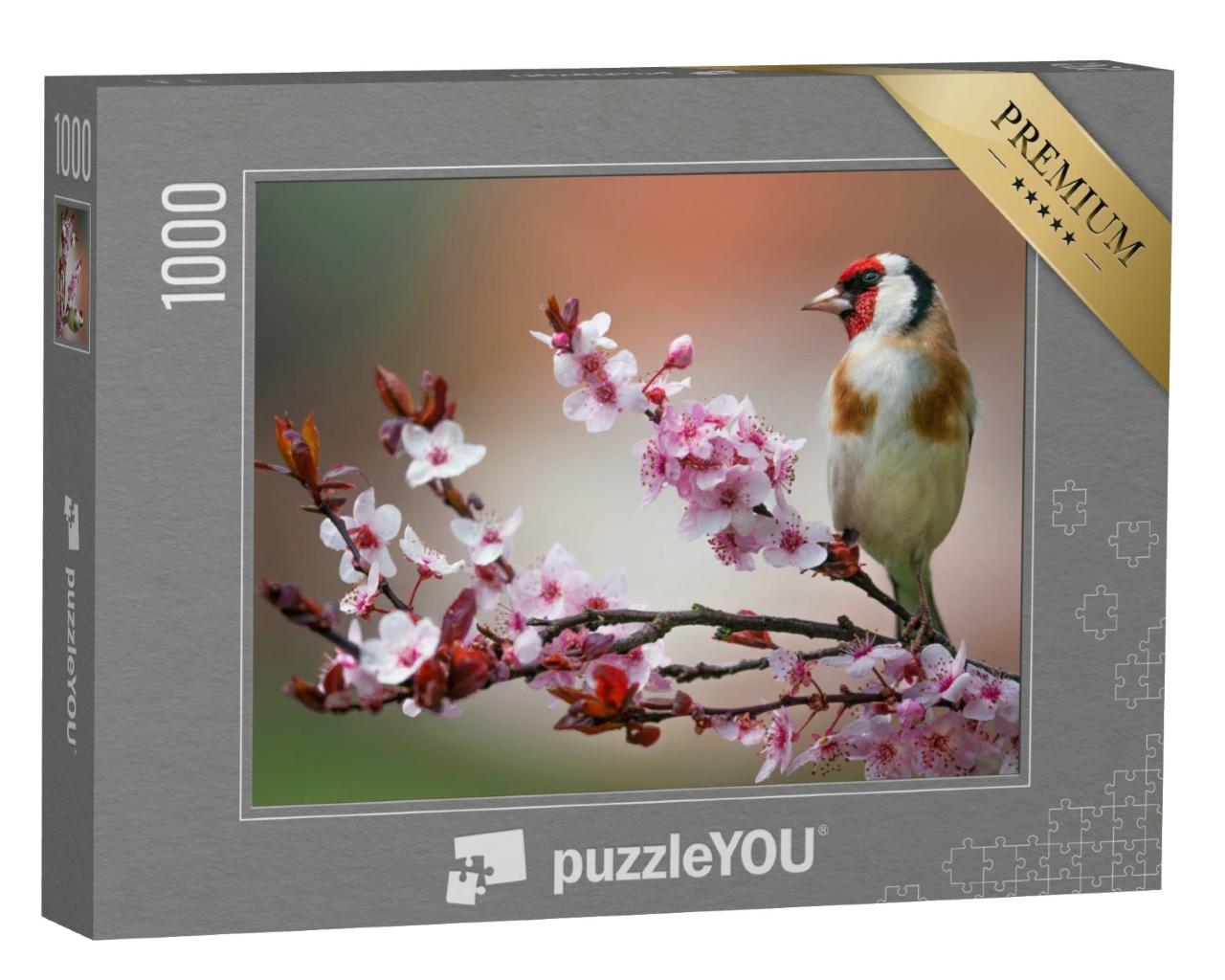 Puzzle 1000 Teile „Ein Stieglitz auf einer rosa Blüte“