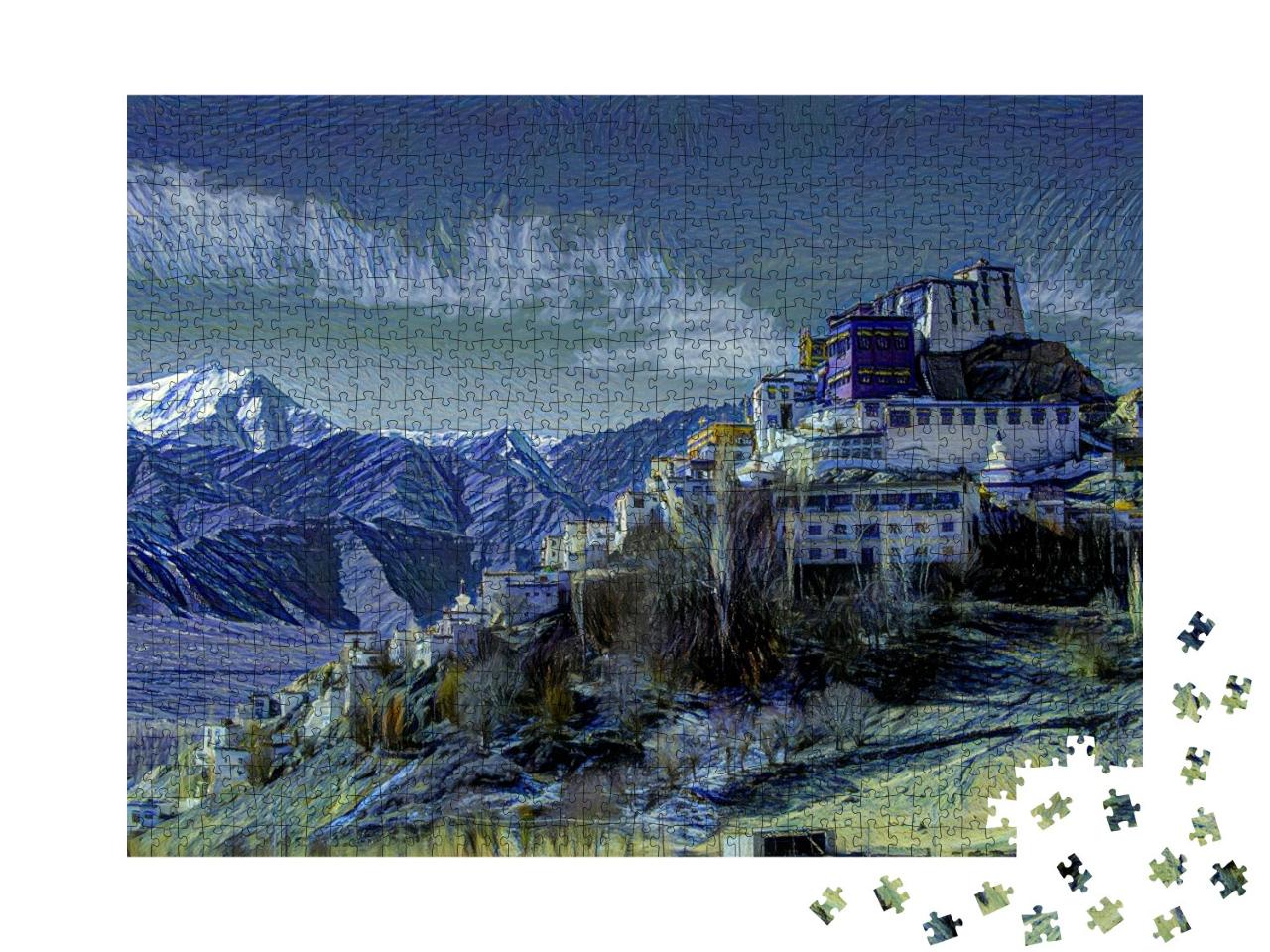 Puzzle 1000 Teile „im Kunst-Stil von van Gogh, Sternennacht - Thiksey Kloster, Leh-Ladakh Indien“