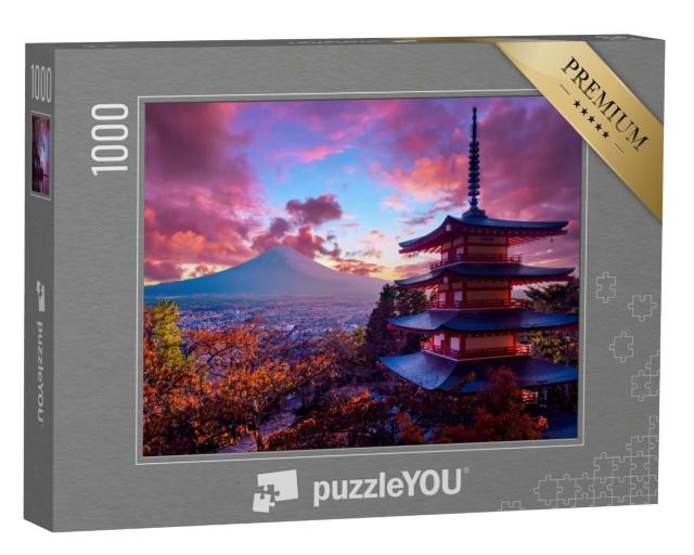 Puzzle 1000 Teile „Wunderschöner Sonnenuntergang, Chureito Pagode und Berg Fuji, Japan“