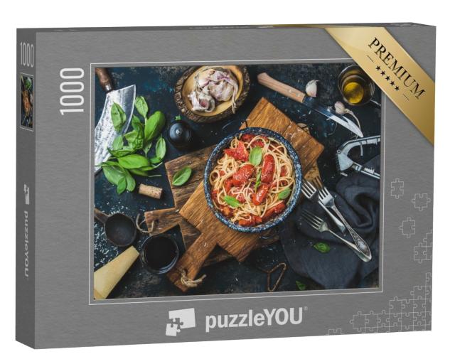 Puzzle 1000 Teile „Italienischer Stil: Pasta, Spaghetti mit Tomaten und Basilikum“