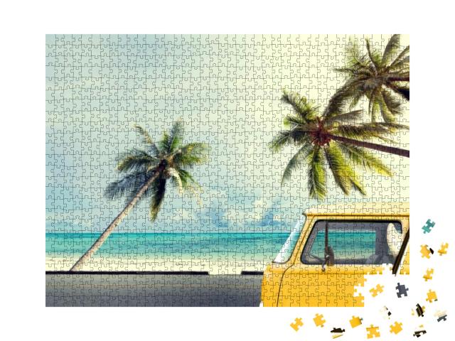 Puzzle 1000 Teile „Oldtimer am Strand mit einem Surfbrett“