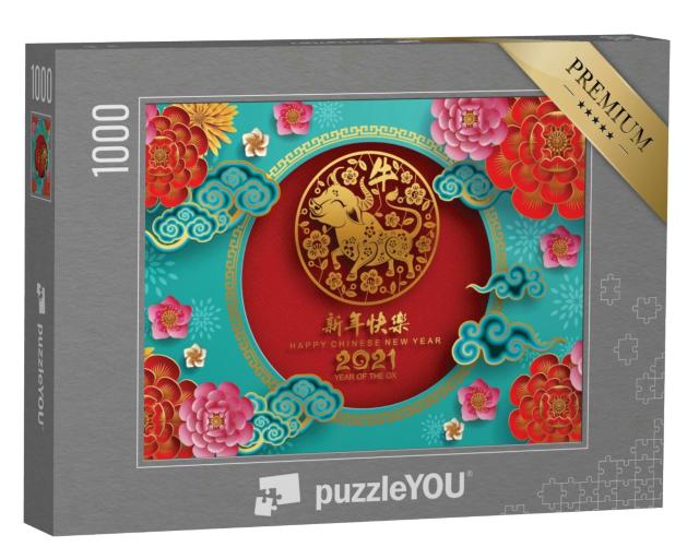 Puzzle 1000 Teile „Chinesisches Neujahr 2021: Jahr des Ochsen, Blume und asiatische Elemente“
