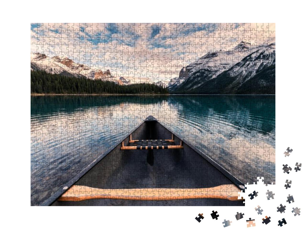 Puzzle 1000 Teile „Kanufahren in den Rocky Mountains in Spirit Island auf dem Maligne Lake“