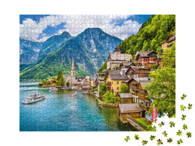 Puzzle 1000 Teile „Bergdorf Hallstatt mit Hallstätter See im Salzkammergut“