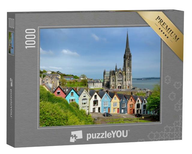 Puzzle 1000 Teile „Bunte Reihenhäuser vor der Kathedrale von Cobh, County Cork, Irland“