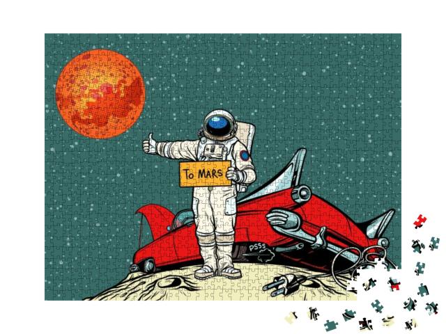 Puzzle 1000 Teile „Der Weg zum Mars, Auto hat eine Panne im Weltraum“