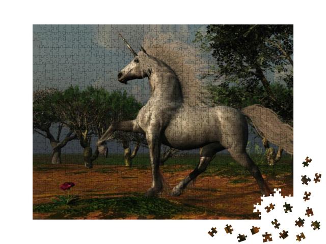 Puzzle 1000 Teile „Ein männliches Einhorn im magischen Wald“