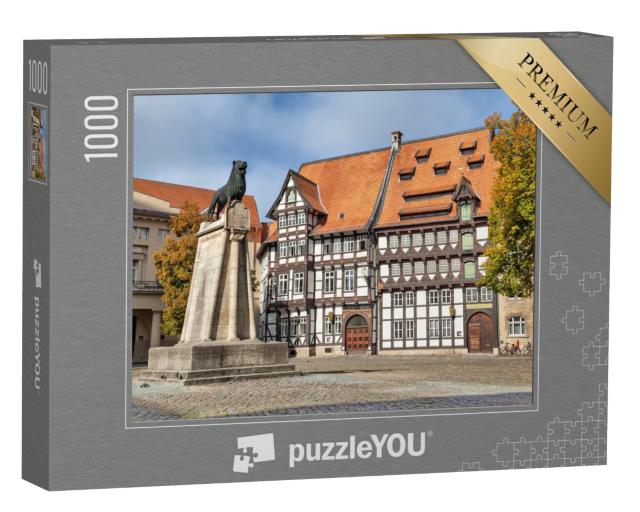 Puzzle 1000 Teile „Löwenstatue und Fachwerkhaus auf dem Burgplatz in Braunschweig“