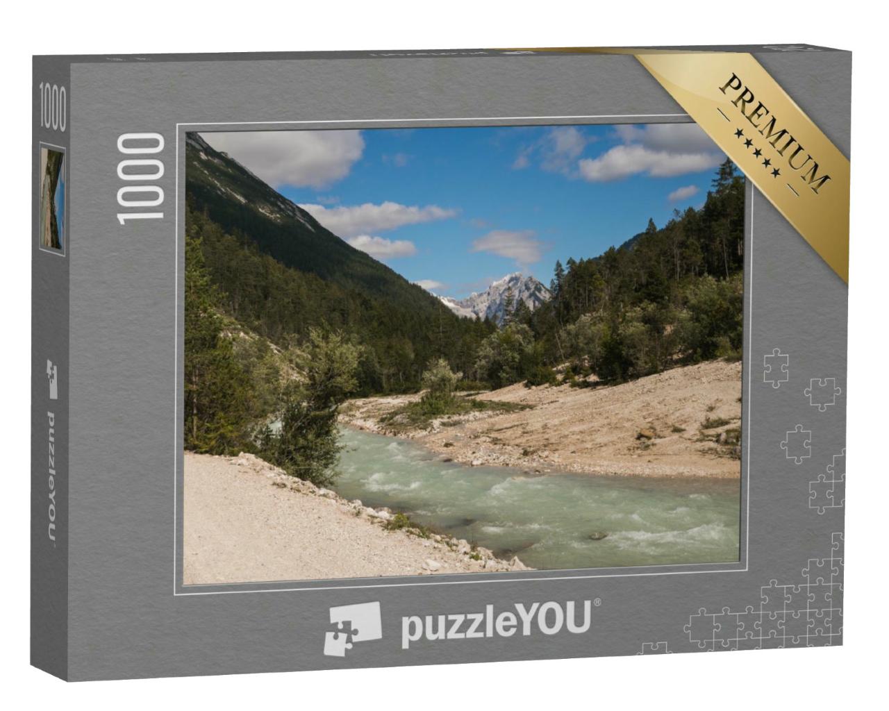 Puzzle 1000 Teile „Blick auf die Isar in der Nähe des Dorfes Scharnitz, österreichische Alpen“