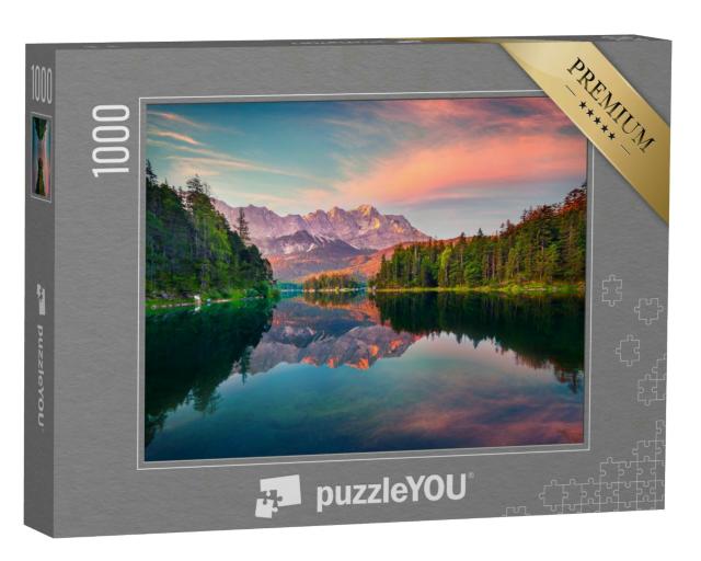 Puzzle 1000 Teile „Beeindruckender Sonnenaufgang am Eibsee mit Zugspitze, Deutschland“