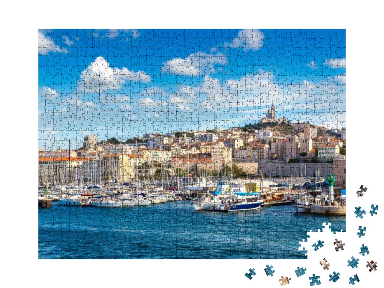 Puzzle 1000 Teile „Basilika Notre Dame de la Garde und Hafen, Marseille, Frankreich“