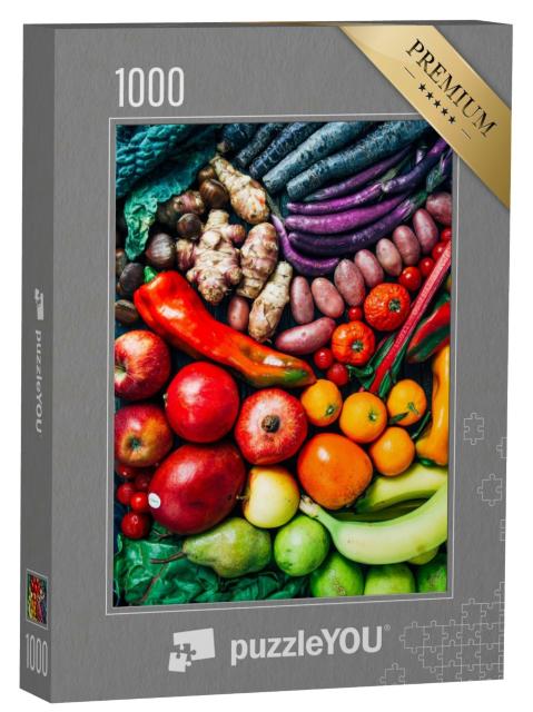 Puzzle 1000 Teile „Farblich sortierte Komposition von Früchten und Gemüse“