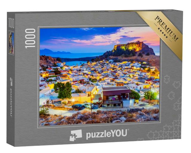 Puzzle 1000 Teile „Lindos: kleines weiß getünchtes Dorf und die Akropolis, Griechenland“