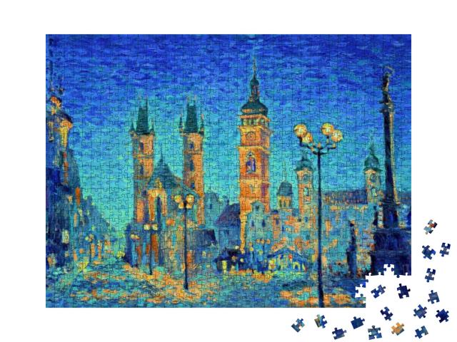 Puzzle 1000 Teile „Ölgemälde im Stil des Impressionismus: Altstadtplatz am Abend“