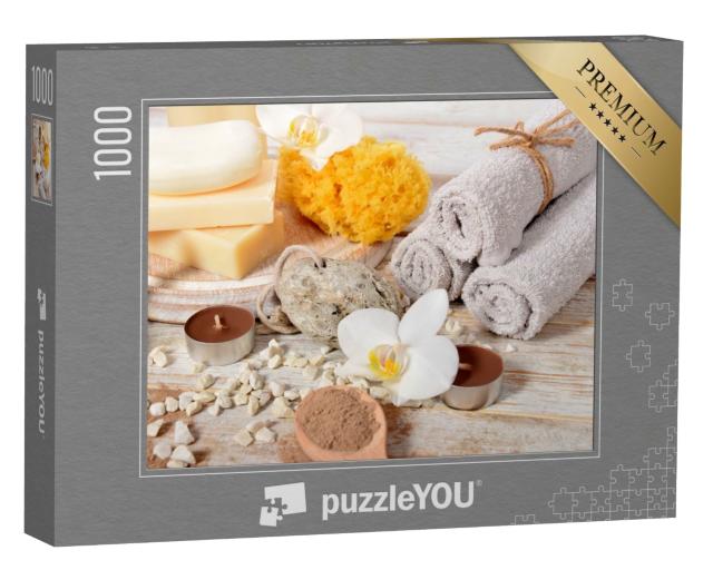 Puzzle 1000 Teile „Home Spa mit Bimsstein, Handtücher, natürliche Seife“