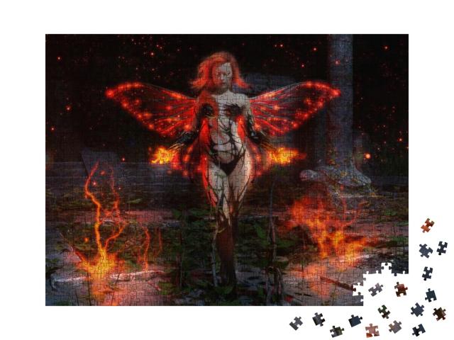 Puzzle 1000 Teile „Digitale Kunst: Feuerfee mit glühenden Flügeln“