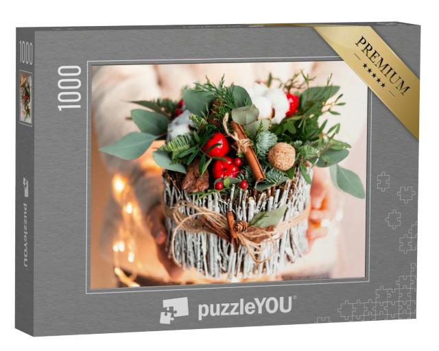 Puzzle 1000 Teile „Weihnachtsdekoration mit Nelken, Chrysanthemen und Tanne“