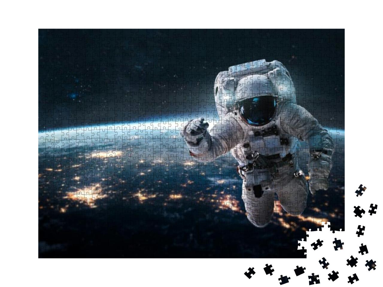 Puzzle 1000 Teile „Ein Astronaut schwebt über der Erde bei Nacht“