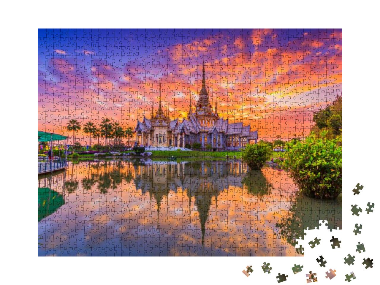 Puzzle 1000 Teile „Sonnenuntergang über dem Tempel Wat Thai, Thailand“