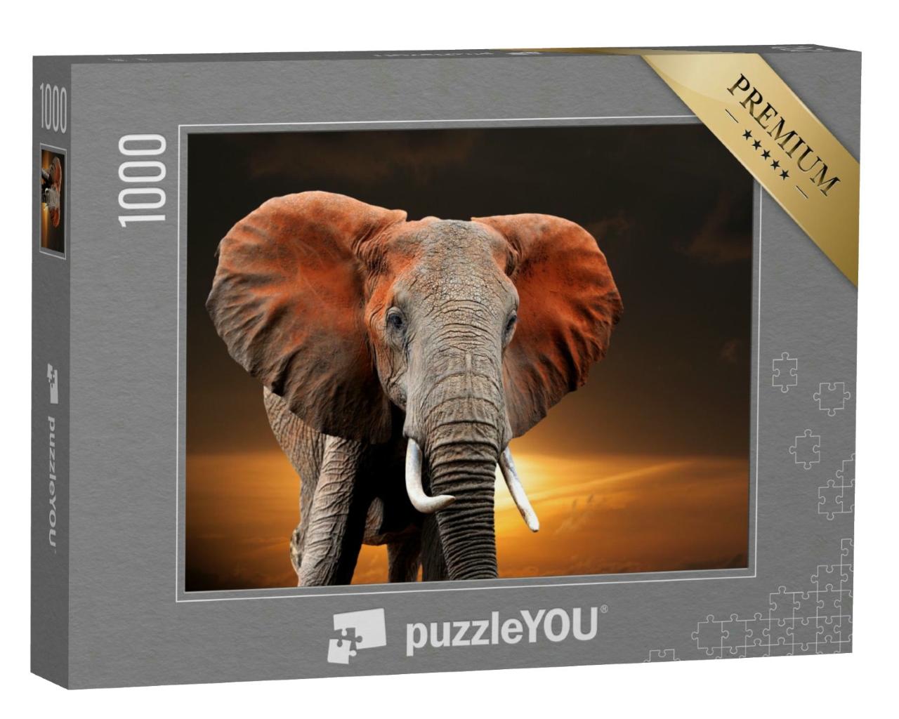 Puzzle 1000 Teile „Elefant bei Sonnenuntergang im Nationalpark von Kenia“