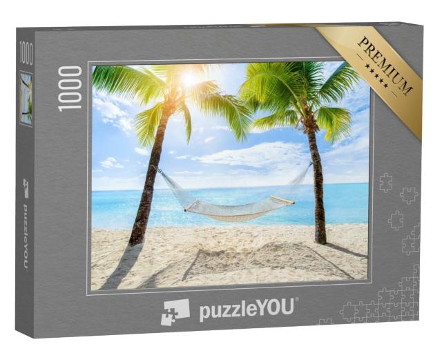Puzzle 1000 Teile „Hängematte zwischen zwei Kokosnussbäumen auf einer tropischen Insel“
