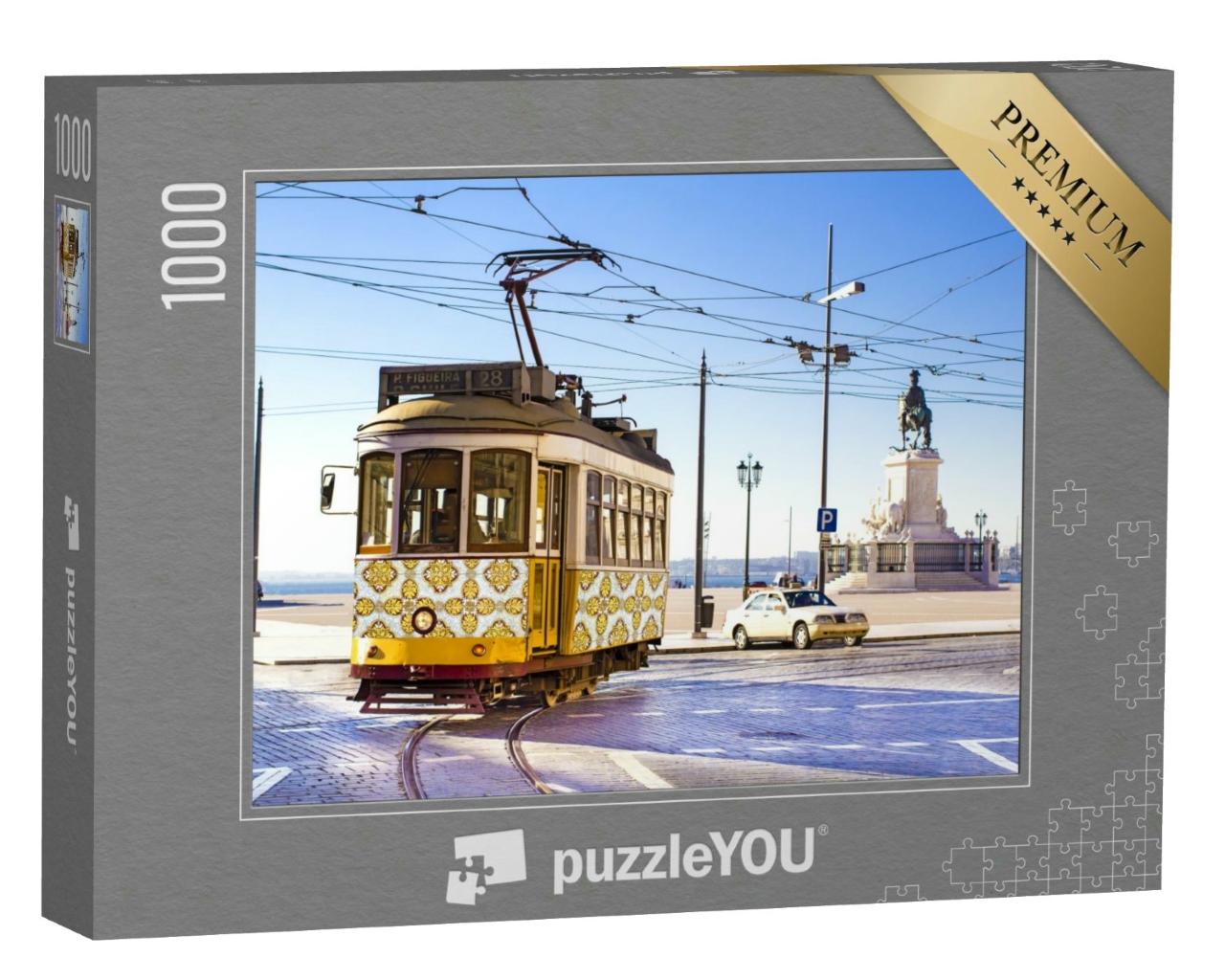 Puzzle 1000 Teile „Gelbe Straßenbahn auf dem Commerce Square in Lissabon, Portugal“