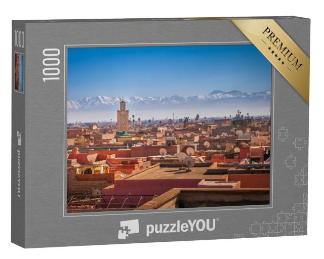 Puzzle 1000 Teile „Panoramablick auf Marrakesch und das schneebedeckte Atlasgebirge, Marokko“